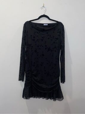 Collusion Black Floral Mesh Long-Sleeve Drop-Waist Mini Dress with Ruffle Hem